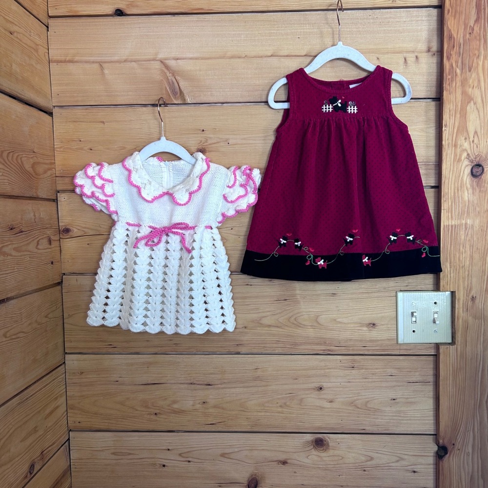 Vintage Hand Knit & Scottie Dog Corduroy Infant Dress Lot 18 Months Red White